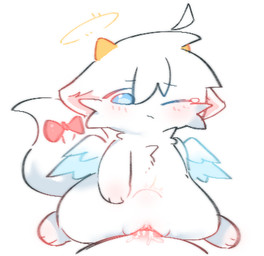 abdominal_bulge accessory anthro anthro_focus biped blue_eyes bow_ribbon cheek_tuft chest_tuft chibi digitigrade disembodied_penis duo facial_tuft female female_focus female_on_top front_view fur furgonomics genitals halo head_tuft horn light_blush looking_down looking_down_at_partner male male/female male_on_bottom on_bottom on_top one_eye_closed penis ribbons simple_background solo_focus tail tail_accessory tail_bow tail_ribbon tuft white_background white_body white_fur wings yellow_horn kirichiiii mammal unknown_species 2025 digital_drawing_(artwork) digital_media_(artwork)