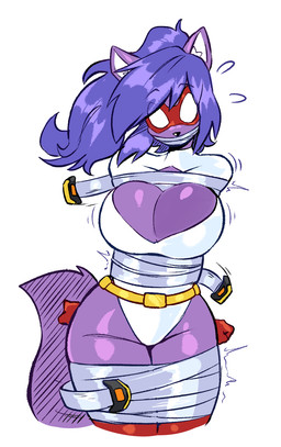 anthro arms_tied bdsm big_breasts bondage bound breasts clothing domino_mask eyemask eyewear female fluffy fluffy_tail fur gag gagged gloves hair handwear latex latex_clothing latex_leotard leotard long_hair mask purple_body purple_fur purple_hair red_clothing red_gloves red_handwear solo superhero tail tape tape_bondage tape_gag thick_thighs white_clothing white_latex white_leotard wide_hips jamoart jak_and_daxter naughty_dog sony_corporation sony_interactive_entertainment sweet_tooth_(theboobtasticduo) mammal mustelid ottsel 2026 hi_res story story_in_description