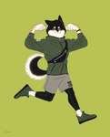 black_body black_fur clothing flexing flexing_bicep fur green_clothing green_hoodie green_topwear hoodie male running solo topwear white_body white_fur shikayoshi canid canine canis domestic_dog mammal shiba_inu spitz 2024 absurd_res hi_res