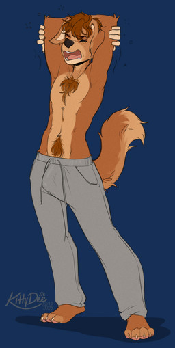 4_toes 5_fingers anthro arms_bent athletic athletic_anthro athletic_male barefoot biped black_eyebrows black_nose bottomwear brown_body brown_freckles brown_fur brown_hair brown_pubes brown_tuft bulge chest_tuft claws clothed clothed_anthro clothed_male clothing countershade_face countershade_fur countershade_neck countershade_tail countershade_torso countershading dipstick_tail drawstring drawstring_bottomwear drawstring_clothing drawstring_pants eyebrow_through_hair eyebrows eyes_closed feet fingers floppy_ears freckled_face freckles front_view fur grey_bottomwear grey_clothing grey_pants grey_text hair humanoid_hands male male_anthro markings monotone_bottomwear monotone_clothing monotone_hair monotone_pants multicolored_body multicolored_fur open_mouth pants pawpads pink_pawpads pink_tongue plantigrade plantigrade_pawpads pubes raised_arms short_hair simple_background solo standing straight_legs stretching tail tail_markings tan_body tan_countershading tan_fur tan_markings tan_tail_tip teeth text toe_claws toeless_(marking) toes tongue topless topless_anthro topless_male translucent translucent_hair transparent_background tuft white_claws white_fingers white_inner_ear yawn kittydee canid canine canis domestic_dog mammal 2025 alpha_channel artist_name dated digital_drawing_(artwork) digital_media_(artwork) full-length_portrait hi_res portrait