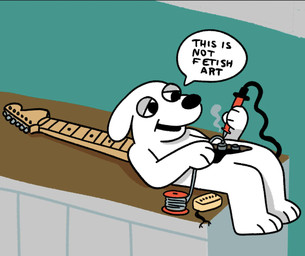 ambiguous_gender anthro dialogue electric_guitar fur guitar musical_instrument parody paws plucked_string_instrument solder soldering soldering_iron solo speech_bubble string_instrument text white_body white_fur brain_farofa guitardog sinkdog animate_inanimate canid canine canis domestic_dog mammal 2026 digital_media_(artwork) english_text hi_res