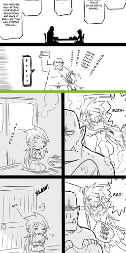 dialogue female humor male text unknown_artist elfxorc elf humanoid orc absurd_res comic english_text hi_res long_image monochrome tall_image