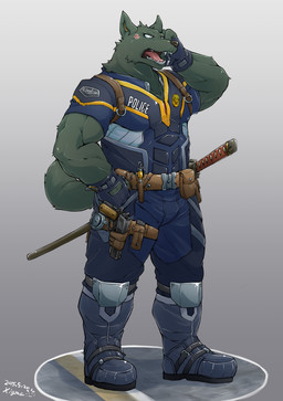 angry anthro biped clothed clothing fur katana male melee_weapon open_mouth police police_uniform solo standing sword teeth tongue uniform weapon xigma canid canine canis domestic_dog mammal 2015 hi_res signature
