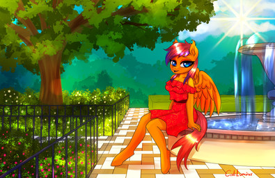 5_fingers anthro barefoot blue_eyes clothing day detailed_background dress feet female fingers fountain garden hair looking_at_viewer multicolored_hair orange_body outside plant red_clothing red_dress sitting solo sun text tree wings caliluminos hasbro my_little_pony mythology firepony equid equine horse mammal mythological_creature mythological_equine pegasus pony absurd_res artist_name full-length_portrait hi_res portrait