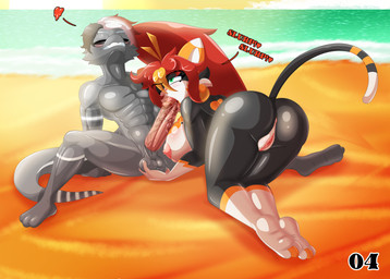 anthro ball_grab balls beach bikini bodily_fluids breasts cat_tail clothing couples dripping duo fellatio female genitals good_boy good_girl green_eyes hair licking lizard_tail male male/female nipples oral orgasm orgasm_face penile penis penis_lick pink_nipples pose red_hair romantic romantic_couple romentic saliva saliva_drip saliva_on_penis sex sucking_glans sunset swimwear tongue two-piece_swimsuit vulva yellow_eyes cranebear melicia_rossi_kiwameru felid feline lizardman mammal scalie absurd_res hi_res pinup
