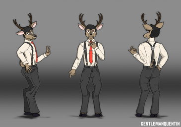anthro antlers black_hair brown_eyes caption clothing collared_shirt dress_pants dress_shirt formal_wear gesture group hair hand_gesture hand_on_hip hooves horn looking_at_viewer looking_back male necktie rear_view scut_tail shirt short_tail simple_background slacks smile solo suspenders tail tie_clip topwear unguligrade v_sign gentlemanquentin talbot_hawthorne_(gentlemanquentin) black-tailed_deer deer mammal hi_res