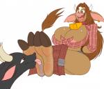 2_toes ambiguous_gender anthro areola arms_tied articulated_hooves bell bessie_(zp92) big_breasts black_body black_fur blush bodily_fluids body_blush bound bovid bovine breasts brown_eyes brown_hair bullseye_(zp92) cattle cleavage clothed clothing cloven_hooves conditional_dnp cowbell curvy_figure digital_media_(artwork) duo ear_piercing feet female feral foot_blush foot_fetish foot_lick foot_play fully_clothed fur hair hand_behind_back hi_res hoof_fetish hoof_focus hooved_plantigrade hooved_toes hooves horn huge_breasts husband_and_wife laugh licking long_hair mammal married_couple midriff open_mouth piercing plantigrade rope saliva simple_background sitting soles teeth thick_thighs toes tongue tongue_out underhoof voluptuous white_background wide_hips wrinkled_feet wrinkles zp92