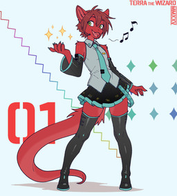 5_fingers absolute_territory abstract_background anthro arm_tuft armwear biped black_boots black_bottomwear black_clothing black_detached_sleeves black_footwear black_skirt boots bottomwear cheek_tuft claws clothed clothing cosplay countershade_ears countershade_fur countershade_legs countershade_neck countershade_tail countershade_thighs countershade_torso countershading crossdressing detached_sleeves electronics exposed_shoulder eyebrow_through_hair eyebrows eyelashes eyelashes_through_hair facial_tuft femboy finger_claws fingers flesh_fang footwear front_view fully_clothed fur green_eyes hair inner_ear_fluff legwear looking_aside male microphone multicolored_body multicolored_fur necktie notes open_mouth open_smile plantigrade pleated_skirt pointy_ears pose prick_ears pupils red_body red_countershading red_fur red_hair shirt shoes short_hair shoulder_tuft simple_background skirt sleeveless_shirt slim slim_anthro slim_male slit_pupils smile snout solo sparkles standing tail tapering_tail teal_claws teal_finger_claws teal_necktie teeth text thigh_boots thigh_highs tongue topwear translucent translucent_hair tuft two_tone_body two_tone_fur white_background white_clothing white_shirt white_topwear terrathewizard mythology vocaloid hatsune_miku terra_(terrathewizard) canid canine canis dragon furred_dragon furred_scalie hybrid mammal mythological_creature mythological_scalie scalie wingless_dragon wolf 2025 artist_name dated digital_drawing_(artwork) digital_media_(artwork) flat_colors full-length_portrait hi_res portrait andromorph_(lore)