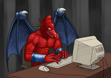 anthro bracelet chair claws computer computer_keyboard computer_monitor computer_mouse electronics empty_eyes fangs furniture humanoid_pointy_ears jewelry male membrane_(anatomy) membranous_wings nude office_chair pointy_ears red_body solo teeth wings flintchips capcom demon's_crest gargoyle's_quest ghosts_'n_goblins firebrand demon gargoyle red_arremer hi_res