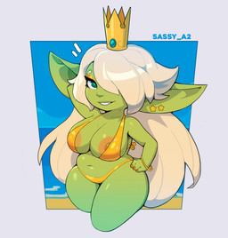 beach big_breasts bikini_thong breasts clothing crown female gold_thong headgear huge_breasts long_ears markings queen royalty sea solo star_(marking) swimwear thick_thighs water sassy_a2 regina_(huffslove) goblin humanoid 2026 absurd_res hi_res signature