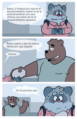 anthro beard blush bodily_fluids brown_body clothing dialogue duo eyes_closed facial_hair humanoid_hands male overweight overweight_male shirt sweat text three_frame_image topwear luisalbertoguz bear mammal procyonid raccoon 2022 absurd_res comic digital_media_(artwork) hi_res spanish_text translated