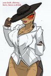 anthro apode beverage big_breasts blush bottomless breasts cleavage clothed clothing container cowboy_hat crossgender cup dialogue dress_shirt female fingerless_gloves front_view glass glass_container gloves handwear hat hat_over_eye headgear headwear holding_beverage holding_container holding_cup holding_mug holding_object legless looking_at_viewer mtf_crossgender mug offering_beverage serpentine shirt simple_background small_waist solo steam talking_to_viewer tipping_hat topwear white_background wide_hips pace-maker rango_(movie) fan_character rattlesnake_jake draconcopode naga pit_viper rattlesnake reptile scalie snake viper hi_res