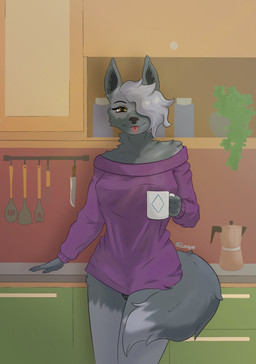 anthro beverage black_clothing black_panties black_underwear clothing coffee coffee_mug container cup female fur grey_body grey_fur grey_hair hair inner_ear_fluff kitchen kitchen_utensils mug multicolored_body one_eye_obstructed panties purple_clothing purple_sweater purple_topwear smile smiling_at_viewer solo sweater tail tongue tongue_out tools topwear tuft two_tone_body underwear yellow_eyes mrowley66 canid canine fox mammal red_fox silver_fox true_fox absurd_res hi_res