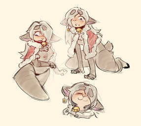 all_fours anthro bell bell_collar black_clothing black_thong black_underwear blue_eyes breasts capelet cat_smile christmas_clothing clothing collar ear_piercing ear_tag eyelashes female fur_trim_(clothing) hair hair_over_eye holidays nipples piercing solo tail thick_thighs thong underwear white_hair trashyy_noway christmas ann_the_sheep bovid caprine mammal sheep hi_res sketch