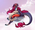 after_vore against_surface anthro belly big_belly claws female hair horn long_tail on_glass paws pink_hair purple_eyes sitting solo tail vore yellow_horn cmitchell hi_res