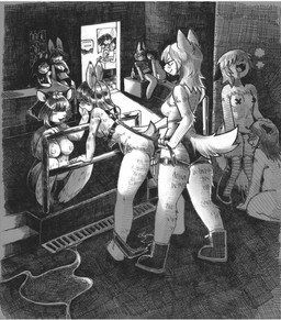 anthro anthro_on_anthro audience bodily_fluids boots breath clothing detailed_background drain drooling female female/female footwear group harness inside leash leash_grab looking_pleasured nipple_tape party pasties public public_sex saliva sex shoes strapon tail tape scarciti canid canine canis domestic_cat domestic_dog felid feline felis lagomorph leporid mammal rabbit 2026 absurd_res greyscale hatching_(art) hi_res monochrome shaded