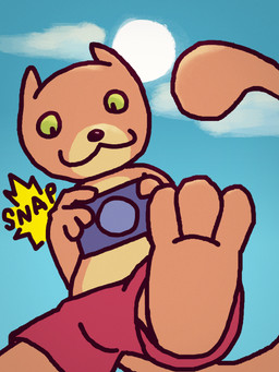 :3 ambiguous_gender anthro camera clothed clothing cloud electronics feet foot_focus fur green_eyes long_tail looking_down looking_down_at_object low-angle_view male male_anthro onomatopoeia orange_body orange_fur paws plantigrade sky smile soles solo sound_effects sun sunny swimming_trunks swimwear tail taking_picture text toes topless topless_anthro topless_male underfoot worm's-eye_view waso_mu bits_and_bops domestic_cat felid feline felis mammal 2026 3:4 colored digital_drawing_(artwork) digital_media_(artwork) english_text hi_res