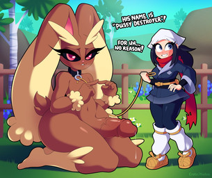 :3 anthro big_penis bite biting_lip black_sclera blush bodily_fluids collar duo female genital_fluids genitals grin hand_on_hip huge_penis kneeling larger_male leash looking_at_viewer looking_away male male/female open_mouth open_smile penis precum red_eyes size_difference smaller_female smile text eroticphobia nintendo pokemon pokemon_legends_arceus akari_(pokemon) alpha_pokemon generation_4_pokemon human lopunny mammal pokemon_(species) english_text hi_res