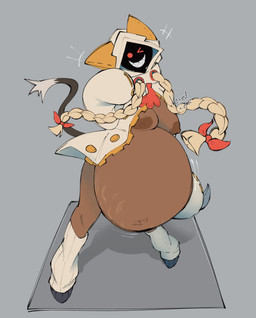 belly big_belly blue_background braided_pigtails breasts female huge_belly hyper hyper_belly long_sleeves nipples overweight red_eyes simple_background tan_body weight_gain vexedremi arc_system_works blazblue taokaka animal_humanoid cat_humanoid felid felid_humanoid feline feline_humanoid humanoid mammal mammal_humanoid 2025 hi_res