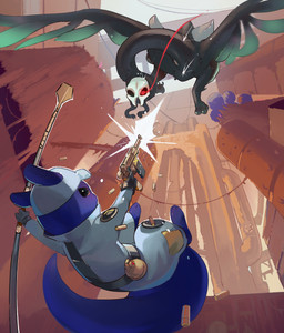 ambiguous_gender angry battle clothing detailed_background duo explosives falling feral flying grenade gun hat headgear headwear male mask melee_weapon pipe plant polearm ranged_weapon semi-anthro shooting spear uniform weapon wire maiconsandey rain_world videocult jiji_(alexthenarehate) avian slugcat vulture_(rain_world) absurd_res hi_res