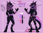 anthro biped claws front_view fur male markings multicolored_body patterns simple_background solo standing stripes tail text tuft mewmaru neondragonjay sergal digital_media_(artwork) full-length_portrait hi_res model_sheet portrait three-quarter_portrait