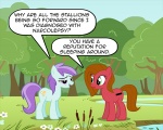 brown_hair dialogue duo female feral green_eyes hair humor pun purple_eyes purple_hair quadruped tail text unknown_artist ask_pun hasbro my_little_pony fan_character pun_pony sunshine_morning_(mlp) earth_pony equid equine horse mammal pony comic english_text