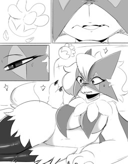 anthro bangs big_breasts bodily_fluids breast_curtains breasts claws fangs female female_anthro implied_transformation looking_at_self lying narrowed_eyes navel on_side plant pokemorph shocked solo sparkles squint surprised sweat sweatdrop teeth thick_thighs wide_hips spicykiwi nintendo pokemon tulip_(spicykiwi) generation_9_pokemon meowscarada pokemon_(species) absurd_res comic hi_res monochrome story
