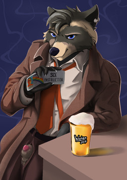 alcohol animal_genitalia anthro arm_support beer belt beverage black_hair blue_eyes bottomwear clothed clothing coat driver's_license ear_piercing fully_clothed genitals hair leaning_on_elbow license looking_at_viewer male necktie pants penis piercing sheath solo solo_focus topwear trenchcoat unzipped unzipped_pants zipper wapken_(artist) superbad mammal procyonid raccoon 2025 digital_media_(artwork) hi_res signature