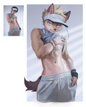 anthro athletic athletic_male bottomwear clothed clothing clothing_lift earbuds electronics headphones male pants real realistic_lighting realistic_shading shirt shirt_lift solo sweatpants tank_top topwear tarobandit canid canine fox human mammal absurd_res hi_res photography_(artwork) redraw reference_image