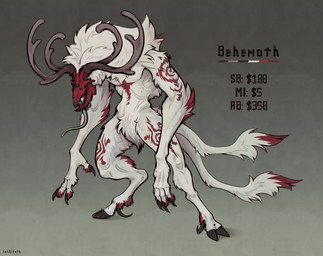 2_tails anthro antlers bone for_sale fur fur_markings green_tongue grey_tongue hooves horn long_tongue male mane markings multi_tail red_body red_fur red_head_(anatomy) red_markings skull solo tail tongue white_body white_fur tashiroth american_mythology indigenous_north_american_mythology mythology north_american_mythology cyclops demon monster spirit unknown_species wendigo hi_res model_sheet