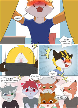 andromorph anthro assisted_exposure bend bent_over blonde_hair blue_clothing blue_eyes blush classroom clothing dialogue duo eyewear fur genitals glasses grey_body grey_fur group hair intersex jaw_drop male multicolored_body multicolored_fur open_mouth orange_body orange_fur pantsing pawpads paws red_hair school smile student text vulva white_hair yellow_body yellow_fur young steel_cat cyberblade_(character) goric steel_cat_(character) tycloud arctic_fox canid canine canis domestic_cat felid feline felis fox mammal true_fox wolf absurd_res comic english_text hi_res