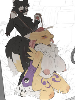 anthro areola asphyxiation bdsm big_breasts biped blush bodily_fluids breasts choking detailed_background dominant dominant_male duo female fur garrote genitals kneeling looking_pleasured male male/female multicolored_body nipples nude outside penis pink_areola pink_nipples strangling sweat thick_thighs tongue tongue_out white_body yellow_body jingzhou14848 bandai_namco digimon canid digimon_(species) mammal renamon hi_res