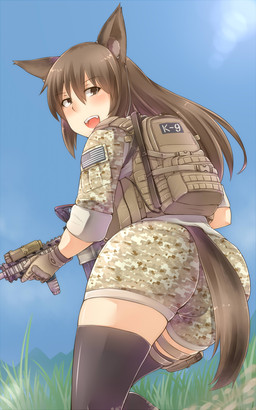 absolute_territory animal_ears backpack big_butt brown_body brown_eyes brown_fur brown_hair butt camel_toe clothed clothing day female fluffy fluffy_tail fur gloves grass gun hair handwear holding_gun holding_object holding_ranged_weapon holding_rifle holding_weapon inner_ear_fluff legwear long_hair looking_back military military_uniform open_mouth outside plant ranged_weapon rear_view rifle soldier solo tail thigh_highs translucent translucent_hair tuft uniform united_states_of_america warrior weapon ayyh15 animal_humanoid canid canid_humanoid canine canine_humanoid humanoid mammal mammal_humanoid tailed_humanoid 2015 5:8 hi_res portrait three-quarter_portrait