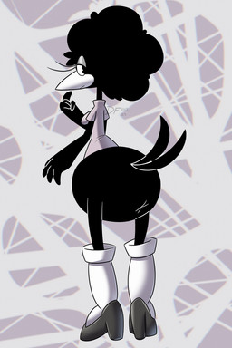 4_fingers abstract_background afro animal_genitalia anthro anus anus_only beak big_butt biped black_body black_eyes black_feathers black_hair black_tail bottom_heavy bottomless bottomless_anthro bottomless_female breasts butt butt_focus casual_exposure cloaca clothed clothing curious eyelashes eyeshadow feathers female female_anthro fingers footwear genitals grey_clothing grey_eyeshadow grey_footwear grey_shirt grey_shoes grey_topwear hair knee_highs knee_socks legwear lidded_eyes looking_at_viewer looking_back makeup monobutt pie_cut_eyes rear_view shirt shoes simple_background socks solo standing tail thigh_highs thin_arms thin_legs topwear white_beak white_clothing white_footwear white_socks decentfailure2319 donna_feathers avian bird corvid corvus_(genus) crow inkblot oscine passerine 2025 2:3 absurd_res digital_drawing_(artwork) digital_media_(artwork) hi_res shaded