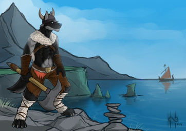 abs anthro armor axe battle_axe black_body black_fur blue_eyes blue_nose blue_sky bottomwear brown_bottomwear brown_clothing brown_pants clothing fur grey_body grey_fur headgear helmet holding_axe holding_object male male_anthro mouth_closed muscular muscular_anthro muscular_male navel outside pants rock ship sky solo standing vehicle water watercraft hufnaar canid canine mammal absurd_res hi_res