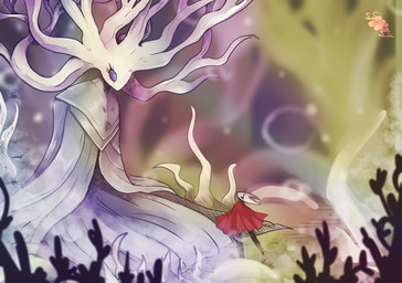 2_horns biped black_body black_eyes blue_eyes cloak clothed clothing duo empty_eyes eyelashes female horn logo looking_at_another mature_female plant red_cloak red_clothing roots sitting size_difference standing tree white_body ssleepyflowers hollow_knight_(franchise) team_cherry hornet_(hollow_knight) white_lady_(hollow_knight) animal_humanoid arachnid arachnid_humanoid arthropod arthropod_humanoid elemental_creature flora_fauna humanoid insect spider_humanoid treant 2026 artist_logo hi_res