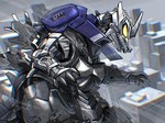 ambiguous_gender armor detailed_background fangs machine mecha metallic_body no_pupils not_furry railgun ranged_weapon solo teeth weapon wire yellow_eyes koroguchi godzilla_(series) toho mechagodzilla kaiju monster robot 4:3