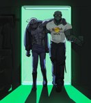 abs arm_around_shoulders arm_around_waist backlighting bald biceps big_bulge biped black_boots black_bottomwear black_clothing black_eyes black_footwear black_jacket black_pants black_topwear blue_bottomwear blue_clothing blue_jeans blue_pants blush blush_lines boots bottomwear bubble bulge clothed clothed_humanoid clothed_male clothing denim denim_bottomwear denim_clothing drunk drunk_bubble duo empty_eyes erection erection_under_clothing featureless_chest footwear fully_clothed fully_clothed_humanoid fully_clothed_male grey_body hand_on_shoulder hand_on_side humanoid_on_humanoid jacket jeans leather leather_clothing leather_jacket leather_topwear light lightswitch long_sleeves machine male male/male metallic_body not_furry open_clothing open_jacket open_topwear pants pecs plantigrade red_text shadow shirt shirtless shirtless_humanoid shirtless_male shoes short_sleeves substance_intoxication t-shirt text text_on_clothing text_on_shirt text_on_topwear tight_clothing topwear walking white_clothing white_eyes white_shirt white_t-shirt white_topwear kogito cyberpunk_(ttrpg) hard_rock_cafe android full_body_conversion humanoid iec_wingman noveltech_samson robot robot_humanoid 2025 absurd_res hi_res lighting shaded