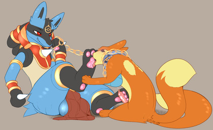 2_tails anthro balls bdsm black_body black_fur black_paws blue_body blue_fur blush blush_lines bodily_fluids body_worship bondage bottomwear bound bracelet chain clothing duo eyes_closed feet feral foot_fetish foot_lick foot_play footjob fur genitals holowear_(pokemon) jewelry licking loincloth male male/male multi_tail musk orange_body orange_fur pawpads penile pink_pawpads pokeball_symbol red_bottomwear red_clothing red_eyes red_loincloth sex smile smirk spikes spikes_(anatomy) sweat tail tan_body tan_fur tongue white_sclera notsafecat nintendo pokemon pokemon_unite ruins_style_lucario soggy_(soggybuizel) wuffles buizel generation_4_pokemon lucario pokemon_(species) hi_res