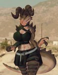 anthro belt black_clothing bottomwear breasts claws cleavage clothed clothing desert desert_background exposure_variation fangs female horn looking_at_viewer skirt smile solo tail teeth thick_tail thigh_up wasteland yellow_eyes victordantes fallout microsoft deathclaw scalie hi_res