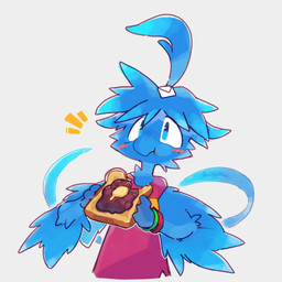 ambiguous_gender anthro armband blue_body blue_eyes blue_feathers bread clothed clothing eating feathers food holding_food holding_object kemono simple_background sleeveless_shirt solo toast white_background azuki_merun11 avian 1:1 hi_res signature translated_description