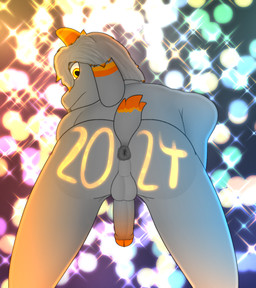 anthro anus balls body_writing butt fireworks floppy_ears fur genitals glans glowing glowing_eyes grey_body grey_fur hair holidays horn looking_at_viewer looking_back looking_back_at_viewer male nude number orange_eyes orange_glans orange_horn orange_stripes penis presenting presenting_hindquarters rear_view short_tail solo stripes tail writing_on_butt year conditional_dnp gusta new_year new_year_2024 gusta_(gusta) bovid caprine goat mammal 2024 hi_res
