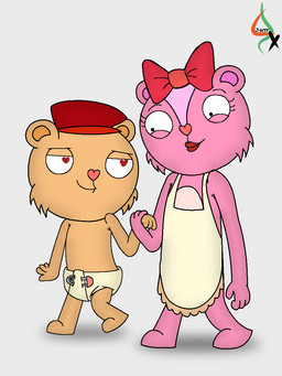 anthro bow_(feature) diaper duo female hand_holding heart_eyes heart_symbol lipstick makeup male male/female jameshtf happy_tree_friends giggles'_mother_(htf) pop_(htf) bear chipmunk ground_squirrel mammal rodent sciurid 3:4