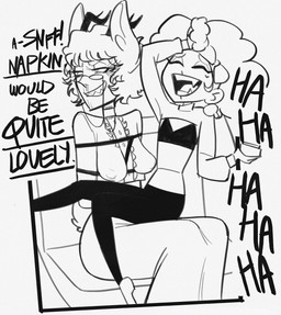 anthro arms_tied_behind_back big_breasts bodily_fluids breasts clothing crossgender duo fangs female laugh leggings legwear nipple_outline nipples small_breasts snot teeth xobloodletter hazbin_hotel hellaverse alastor_(hazbin_hotel) velvette_(hazbin_hotel) animal_humanoid humanoid hi_res