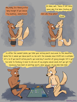 anthro black_boxer_briefs black_clothing black_underwear blush bodily_fluids bored boxer_briefs briefs card_game clothing dialogue dice duo enthusiastic erection erection_in_briefs erection_in_underwear erection_under_clothing gaming genital_fluids genitals leaking_precum male male/male monotone_boxer_briefs monotone_briefs monotone_clothing monotone_underwear nerd penis precum precum_through_clothing precum_through_underwear sex_game tenting text tighty_whities underwear underwear_peek wet wet_clothing white_briefs white_clothing white_underwear ravalska poro_alska rav_alska canid canine deer fox mammal 3:4 absurd_res comic hi_res