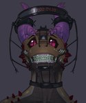 2_horns anthro arm_spikes black_body black_collar black_eyebrows black_scales black_sclera braces brown_body brown_scales collar eyebrows facial_spikes front_view grey_background horn male male_anthro multicolored_body multicolored_scales nose_hook pink_eyes pupils purple_horn red_spikes scales shoulder_spikes simple_background slit_pupils snout solo spikes spikes_(anatomy) teeth timer torture_device two_tone_body two_tone_scales white_spikes kogito metro_(metrotweet) kobold scalie 2025 headshot_portrait hi_res portrait