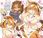 ?! alternate_species amber_eyes anthro big_breasts blonde_hair blowup_background bottomless breasts brown_body brown_fur brown_hair chest_tuft cleavage clothed clothing crossgender crotch_tuft female female_symbol footprint fur furrification gender_symbol green_eyes group hair holding_face holidays hoodie kemono one_eye_closed open_mouth orange_body orange_eyes orange_fur orange_hair pawprint paws red_eyes simple_background smile striped_body striped_fur striped_hair stripes surprise surprised_expression sweater sweater_dress symbol tail topwear tuft white_body white_fur white_hair wink giraffe_(artist) april_fools'_day feena_(giraffe) lam-chan lily_(giraffe) lion-san domestic_cat felid feline felis lagomorph leporid lion mammal pantherine rabbit tiger 2024 hi_res