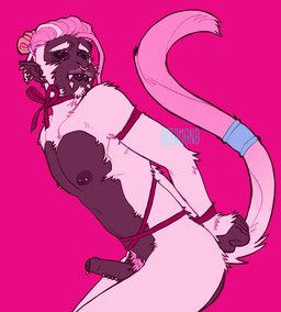 anthro arms_tied barbell_piercing bdsm black_body black_glans black_penis black_sclera black_skin black_tongue blue_eyes bondage bound ear_piercing ear_ring ear_stud erection facial_piercing fangs forked_tongue frenum_ladder frenum_piercing fur genital_piercing genitals glans hair hands_behind_back hands_tied humanoid_genitalia humanoid_penis ladder_piercing looking_at_viewer male male_anthro multiple_piercings narrowed_eyes nipple_barbell nipple_piercing nipples nose_piercing nose_ring nude penis penis_piercing piercing pink_background pink_hair pink_tail restraints ring_piercing rope rope_bondage septum_piercing septum_ring simple_background solo tail teeth text tongue tongue_out tongue_piercing tongue_stud white_body white_fur white_hair 0ct0m0n0 haplorhine mammal monkey primate artist_name hi_res pink_theme