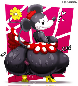 anthro anus big_butt black_body bodily_fluids bottomwear breasts butt clapping clothing female footwear genital_fluids genitals hat headgear headwear heart_symbol high_heels huge_butt pie_cut_eyes presenting presenting_hindquarters shoes skirt solo twerking vaginal_fluids vulva crowundeadcat disney minnie_mouse house_mouse mammal mouse murid murine rodent digital_media_(artwork) hi_res