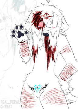 andromorph anthro black_pawpads blood blood_in_hair blood_on_face bloodshot_eye blush blush_lines blush_stickers bodily_fluids chest_tuft claws collar crosshair floppy_ears fur gore hair intersex lazy_eye messy_hair pawpads raised_arm scar self-harm self-harm_scars shock_collar short_tail simple_background solo tail tattoo tuft white_background white_body white_fur white_hair womb_tattoo real_feral preychan felid feline mammal distracting_watermark hi_res watermark